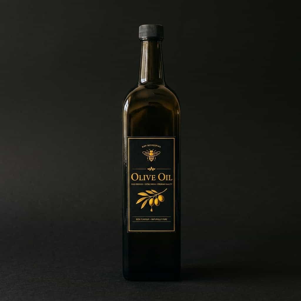 1 litre glass bottle of MDP Beekeeping extra-virgin olive oil