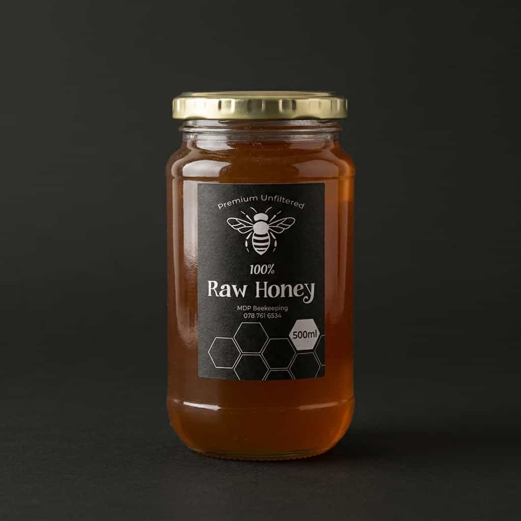 500ml jar of MDP Beekeeping raw honey