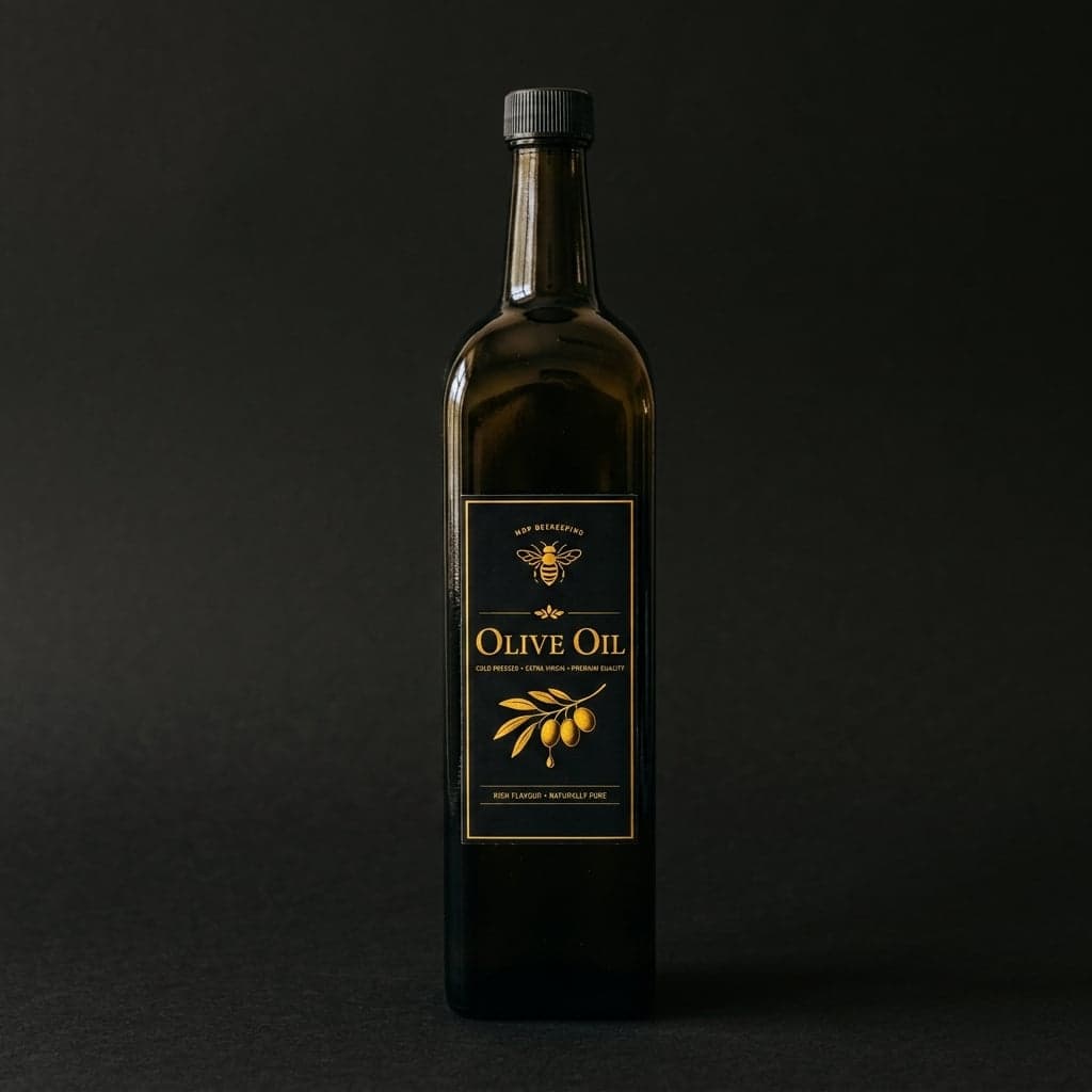 1 litre glass bottle of MDP Beekeeping extra-virgin olive oil