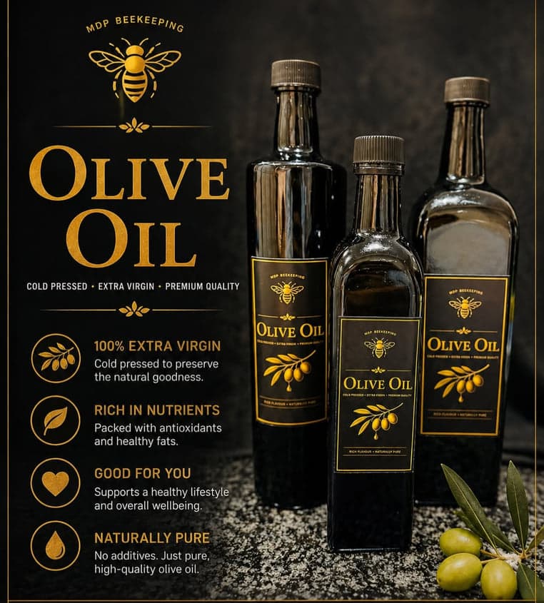 Three bottles of MDP Beekeeping extra-virgin olive oil with a sprig of olives